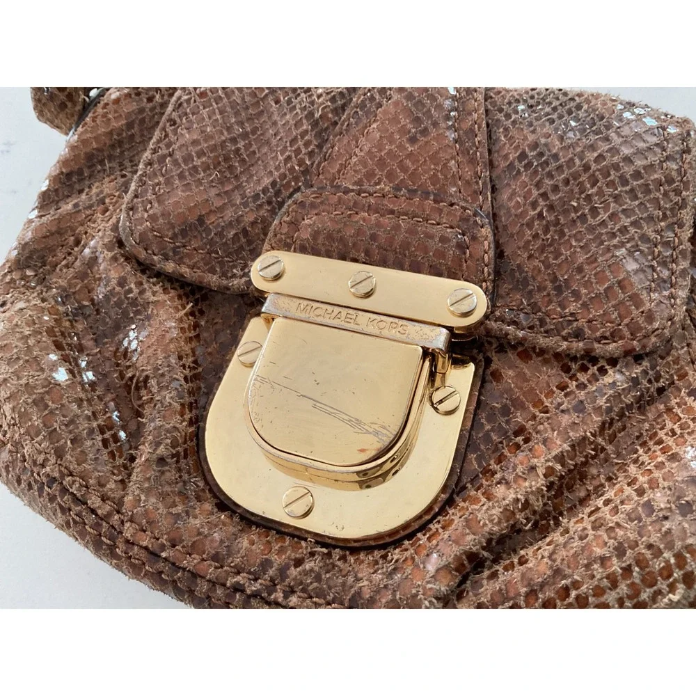 Michael Kors Crossbody Bag Womens Small Brown Snakeskin Embossed Gold Hardware